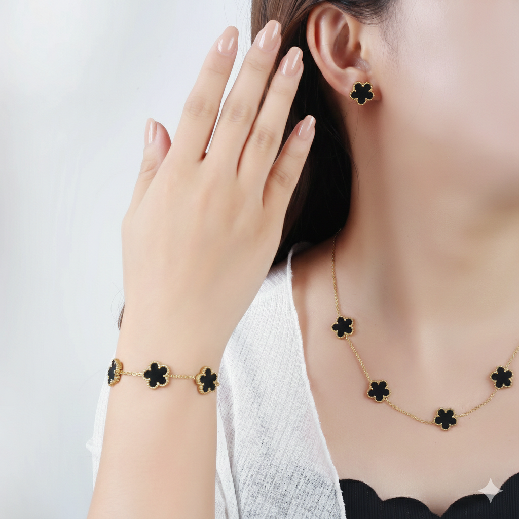 3Pcs 18k Gold-Plated Five-Leaf Flower Necklace Earrings Bracelet Jewelry Set For Woman Fashion Party Jewelry Daily Wear Clover