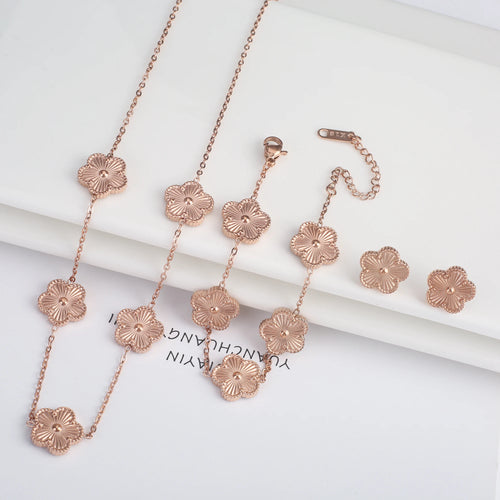 3Pcs 18k Gold-Plated Five-Leaf Flower Necklace Earrings Bracelet Jewelry Set For Woman Fashion Party Jewelry Daily Wear Clover COPIA (Cópia)