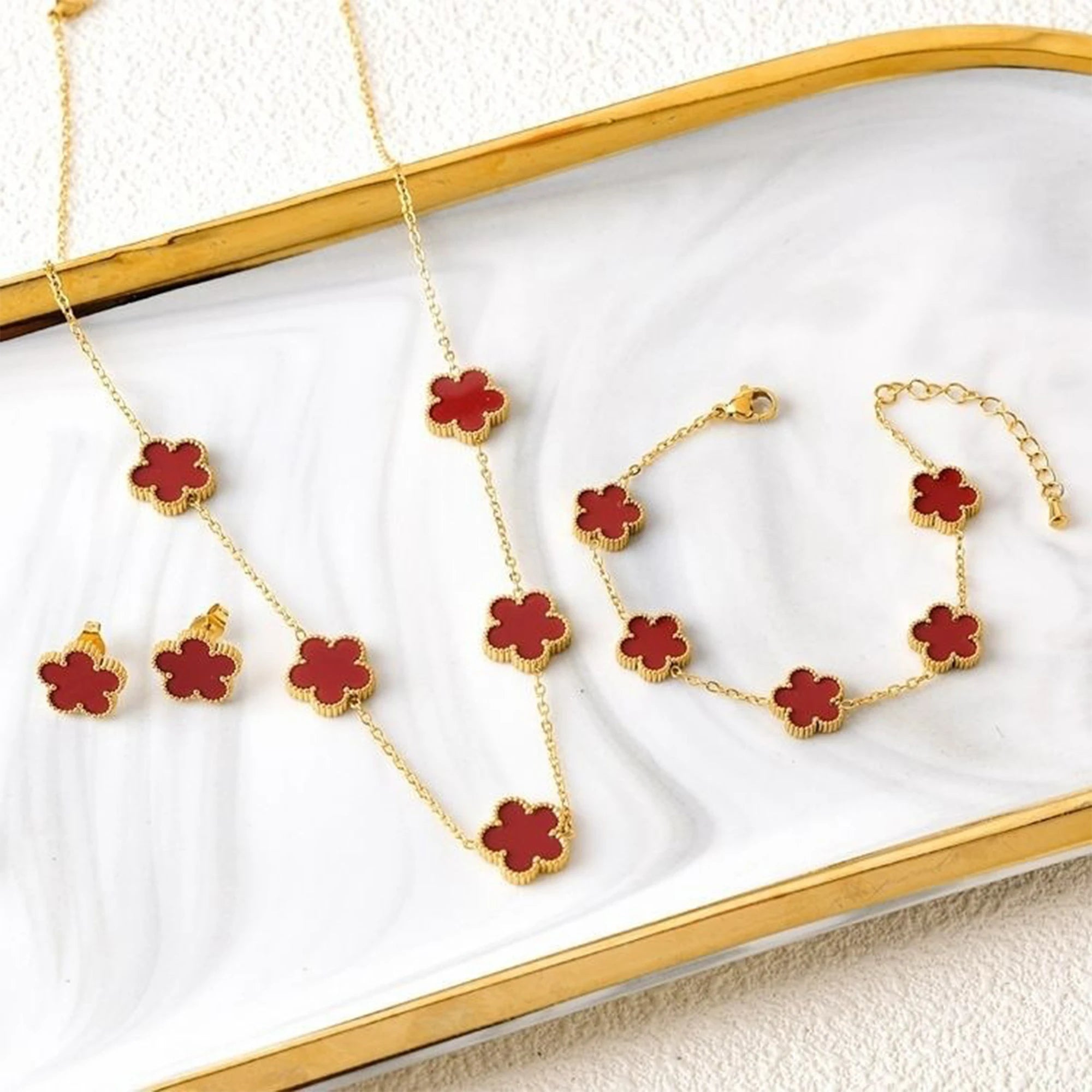 3Pcs 18k Gold-Plated Five-Leaf Flower Necklace Earrings Bracelet Jewelry Set For Woman Fashion Party Jewelry Daily Wear Clover COPIA (Cópia)