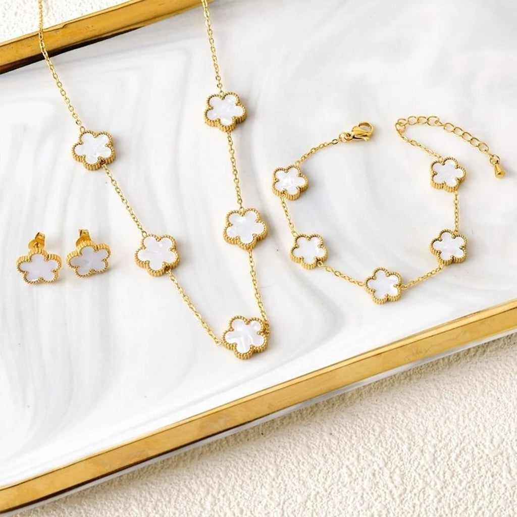 3Pcs 18k Gold-Plated Five-Leaf Flower Necklace Earrings Bracelet Jewelry Set For Woman Fashion Party Jewelry Daily Wear Clover COPIA (Cópia)