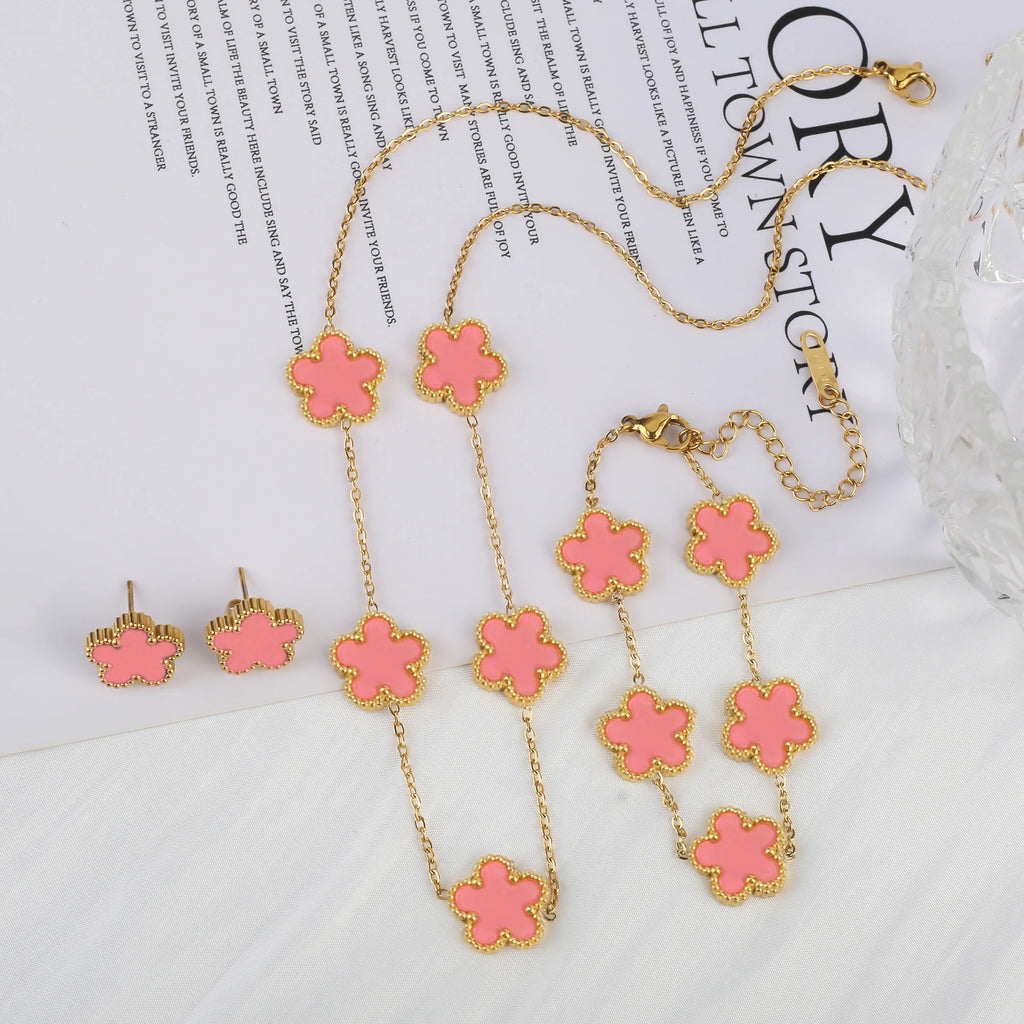 3Pcs 18k Gold-Plated Five-Leaf Flower Necklace Earrings Bracelet Jewelry Set For Woman Fashion Party Jewelry Daily Wear Clover COPIA (Cópia)